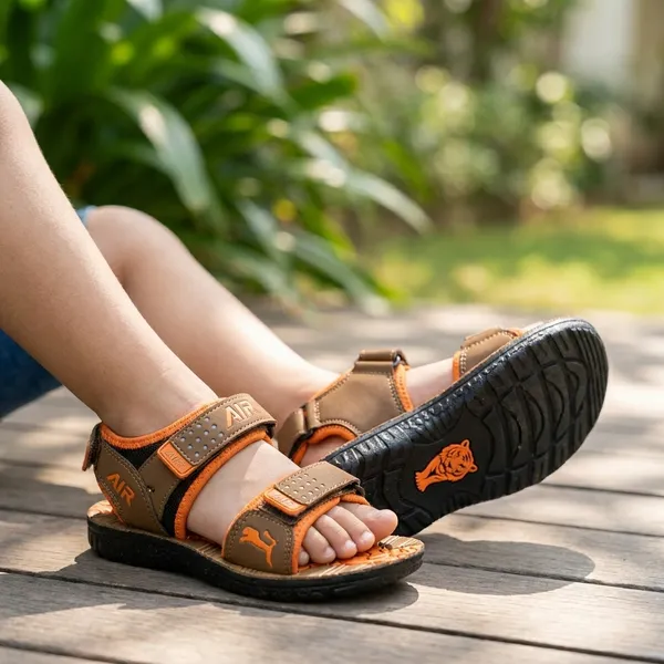 Brown_And_Orange_Synthetic_Velcro_Strap_Sandals_For_Kids