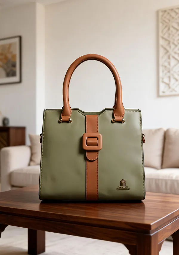 Olive_Green_And_Brown_Premium_Pu_Leather_Hand_Bag_For_Women