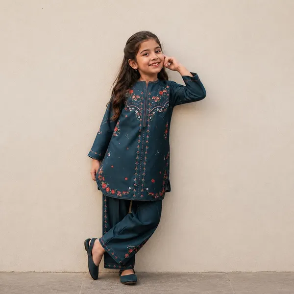 Teal_Blue_Satin_printed_Kurta_Palazzo_Set_For_Girls