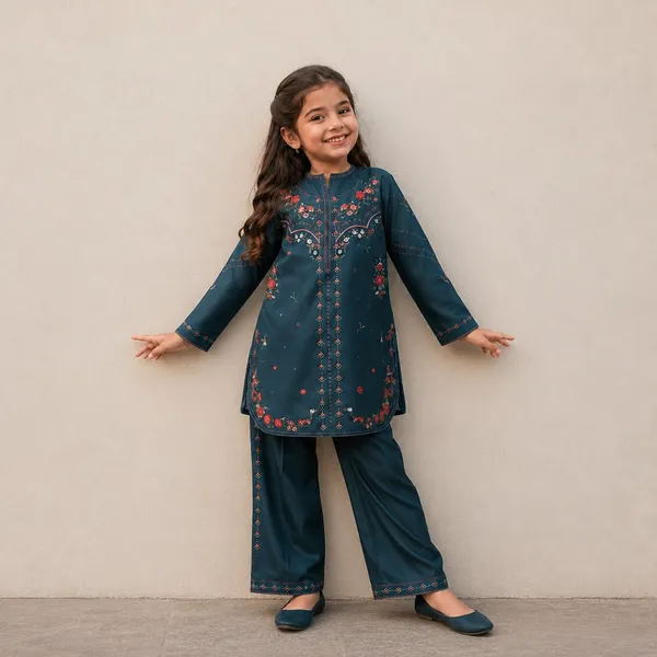Teal_Blue_Satin_printed_Kurta_Palazzo_Set_For_Girls