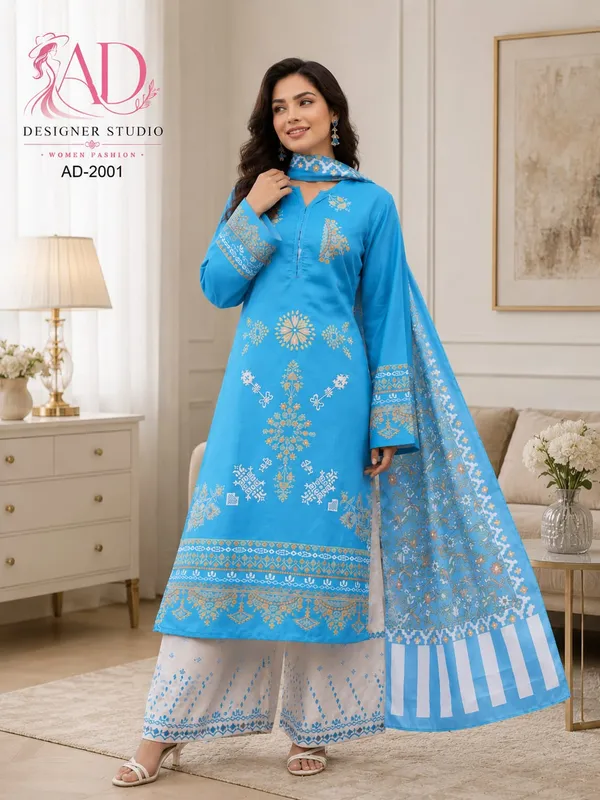 Blue_satin_Premium_impoted__printed_Kurta_Palazzo_Set_With_Dupatta_For_Women