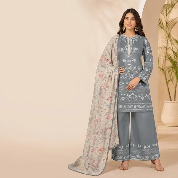Grey_Satin__Premium_impoted__printed_with_lcae_work__Kurta_Palazzo_Dupatta_Set_For_Women