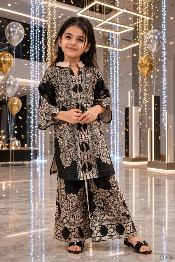 Black_premium_Satin_printed_Kurta_Palazzo_Set_For_Girls
