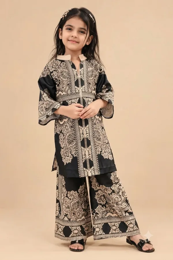 Black_premium_Satin_printed_Kurta_Palazzo_Set_For_Girls