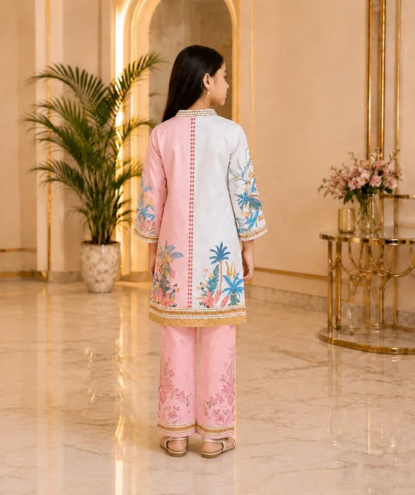 White_And_Pink_impoted_premium_Satin_printed__Kurta_Set_For_Girls