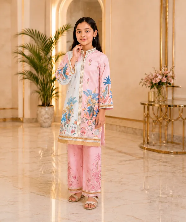 White_And_Pink_impoted_premium_Satin_printed__Kurta_Set_For_Girls