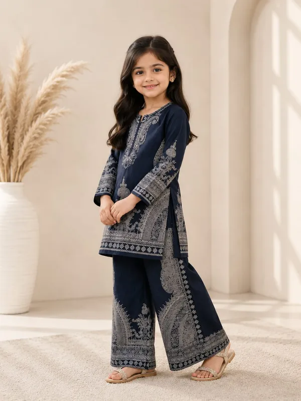 Navy_Blue_Satin_printed__Kurta_Palazzo_Set_For_Girls
