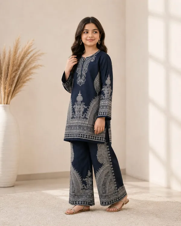 Navy_Blue_Satin_printed__Kurta_Palazzo_Set_For_Girls
