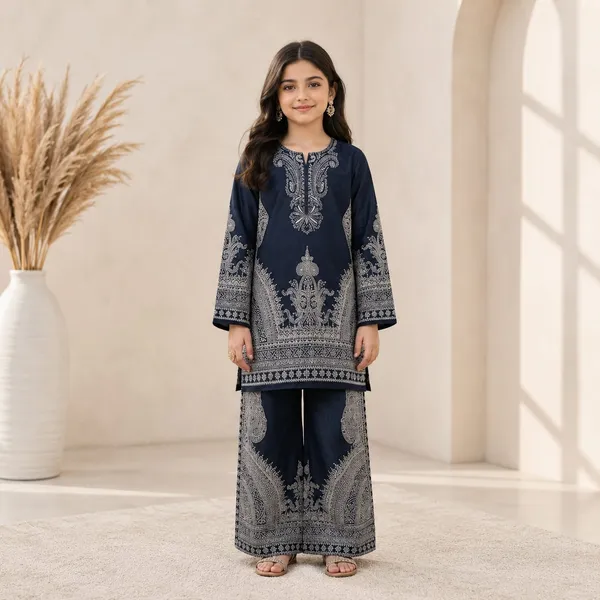 Navy_Blue_Satin_printed__Kurta_Palazzo_Set_For_Girls