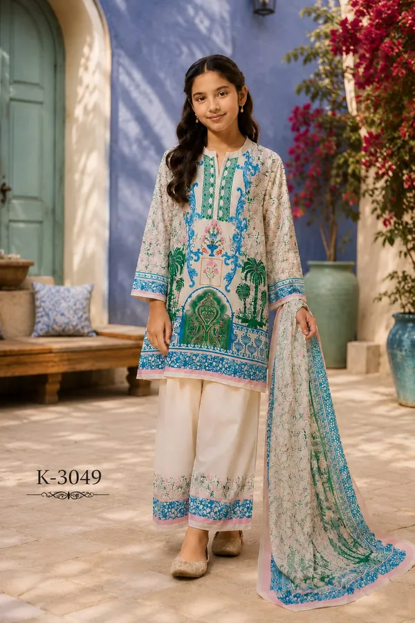 White_Satin_printed__Kurta_Set_With_Chinnon_Printed_Dupatta_For_Girls