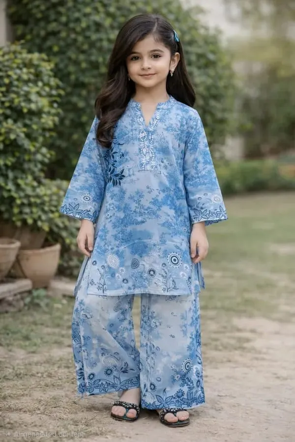 Blue_Rayon_Floral_Print_Kurta_Palazzo_Set_For_Girls