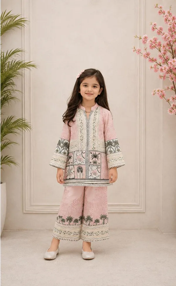Light_Pink_impoted_premium_Satin_printed__Kurta_Palazzo_Set_For_Girls