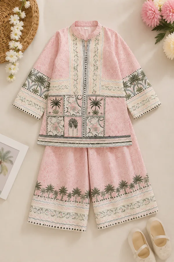 Light_Pink_impoted_premium_Satin_printed__Kurta_Palazzo_Set_For_Girls
