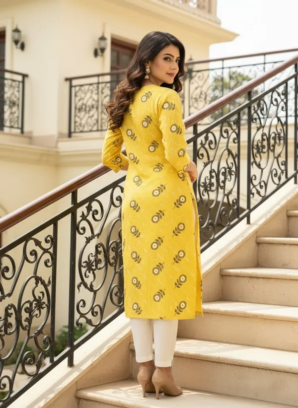 Yellow_Cotton_Printed_Straight_3/4_Sleeve_Kurta_For_Women