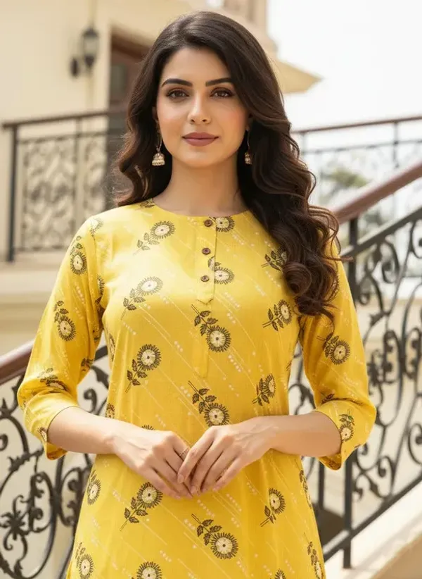 Yellow_Cotton_Printed_Straight_3/4_Sleeve_Kurta_For_Women