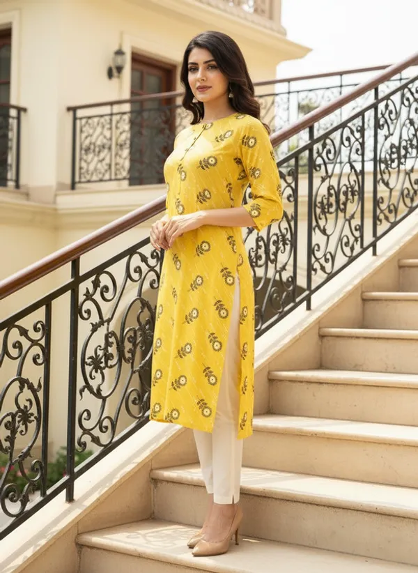Yellow_Cotton_Printed_Straight_3/4_Sleeve_Kurta_For_Women