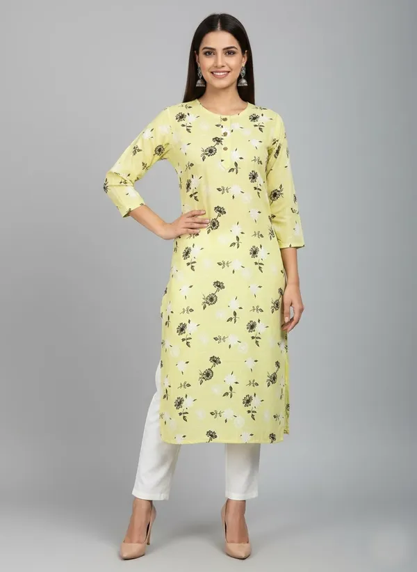 Yellow_Cotton_Printed_Straight_3/4_Sleeve_Kurta_For_Women