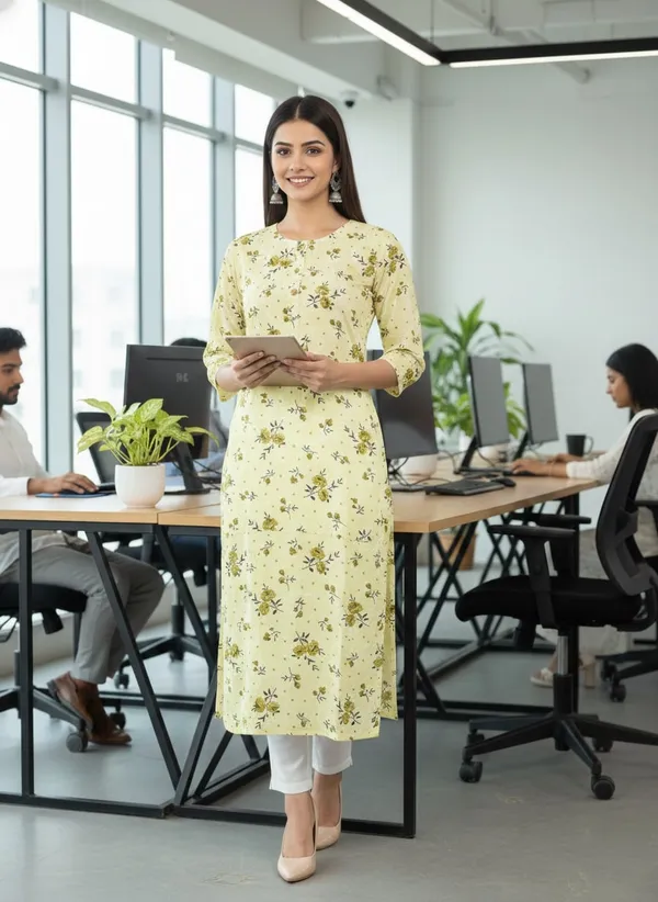 Yellow_Cotton_Printed_Straight_3/4_Sleeve_Kurta_For_Women