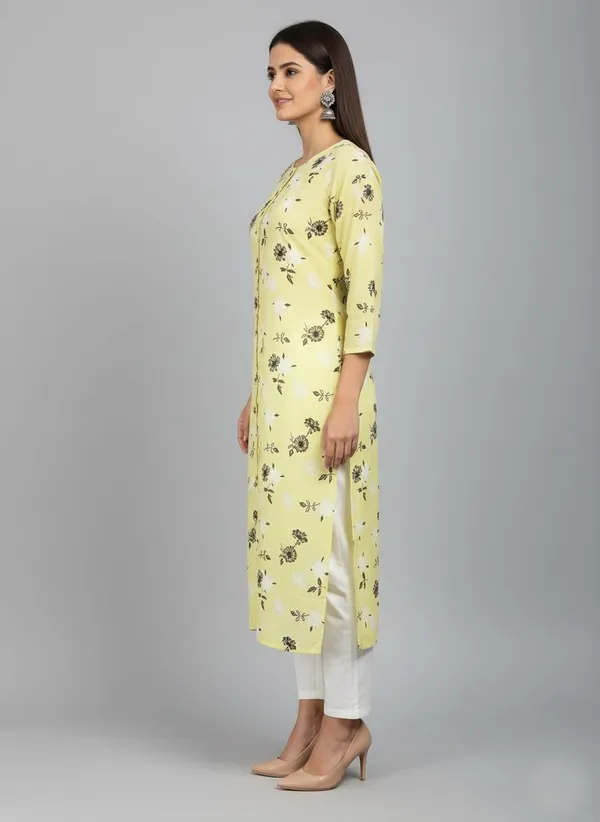 Yellow_Cotton_Printed_Straight_3/4_Sleeve_Kurta_For_Women