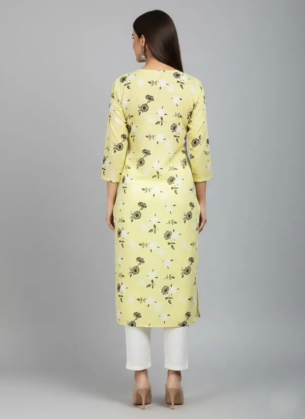 Yellow_Cotton_Printed_Straight_3/4_Sleeve_Kurta_For_Women