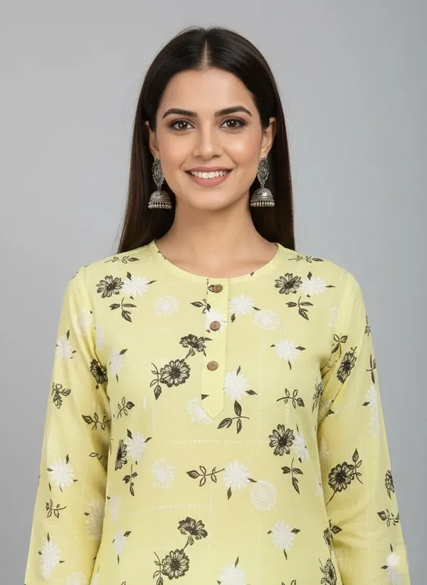 Yellow_Cotton_Printed_Straight_3/4_Sleeve_Kurta_For_Women