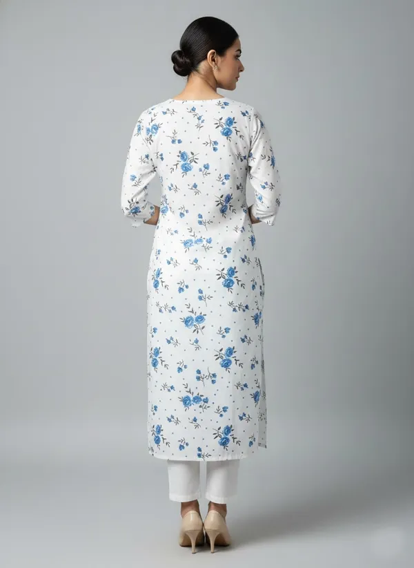 White_Cotton_Printed_Straight_3/4_Sleeve_Kurta_For_Women