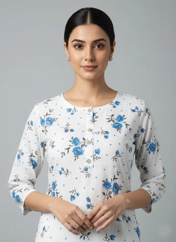 White_Cotton_Printed_Straight_3/4_Sleeve_Kurta_For_Women