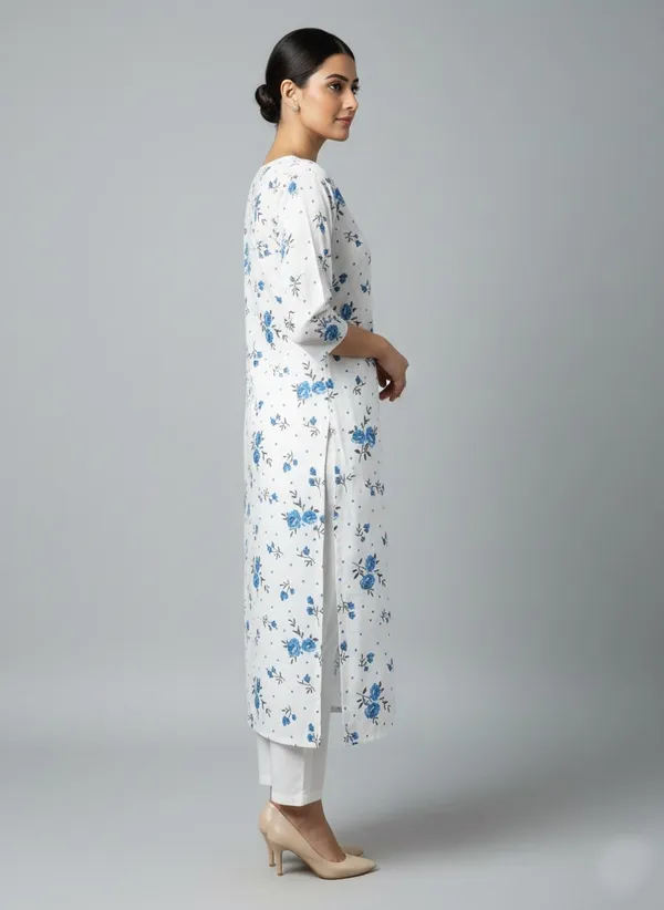 White_Cotton_Printed_Straight_3/4_Sleeve_Kurta_For_Women