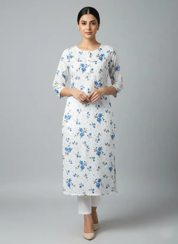 White_Cotton_Printed_Straight_3/4_Sleeve_Kurta_For_Women
