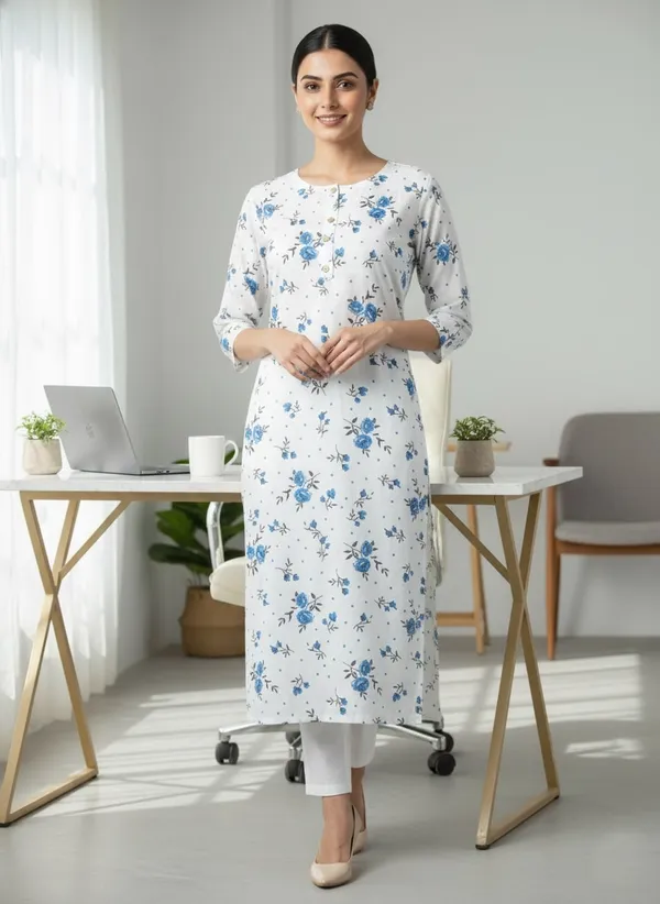 White_Cotton_Printed_Straight_3/4_Sleeve_Kurta_For_Women