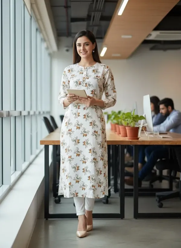 Off_White_Viscose_Rayon_Printed_Straight_3/4_Sleeve_Kurta_For_Women