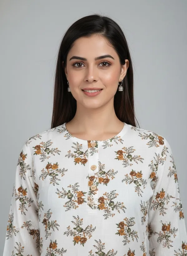 Off_White_Viscose_Rayon_Printed_Straight_3/4_Sleeve_Kurta_For_Women