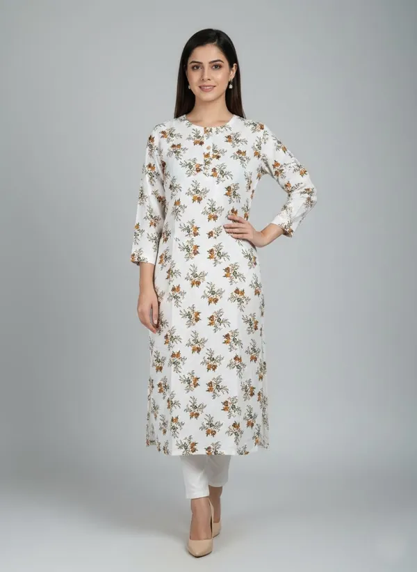 Off_White_Viscose_Rayon_Printed_Straight_3/4_Sleeve_Kurta_For_Women