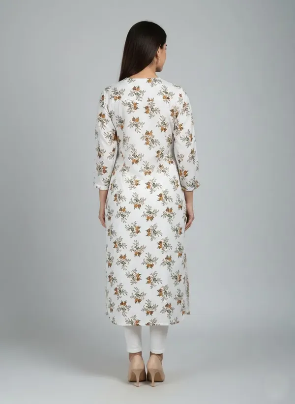 Off_White_Viscose_Rayon_Printed_Straight_3/4_Sleeve_Kurta_For_Women