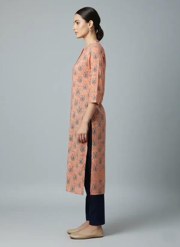 Peach_Cotton_Printed_Straight_3/4_Sleeve_Kurta_For_Women