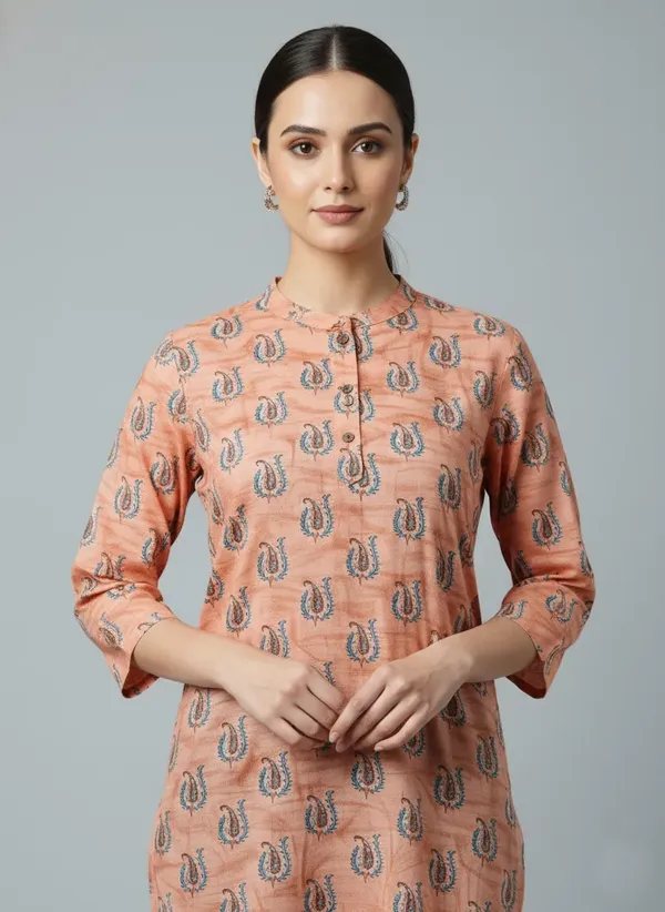 Peach_Cotton_Printed_Straight_3/4_Sleeve_Kurta_For_Women