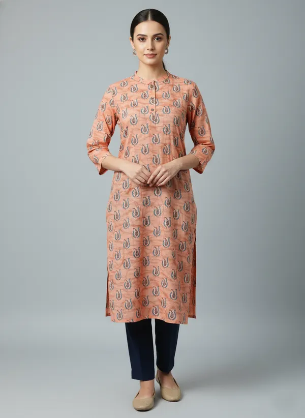 Peach_Cotton_Printed_Straight_3/4_Sleeve_Kurta_For_Women