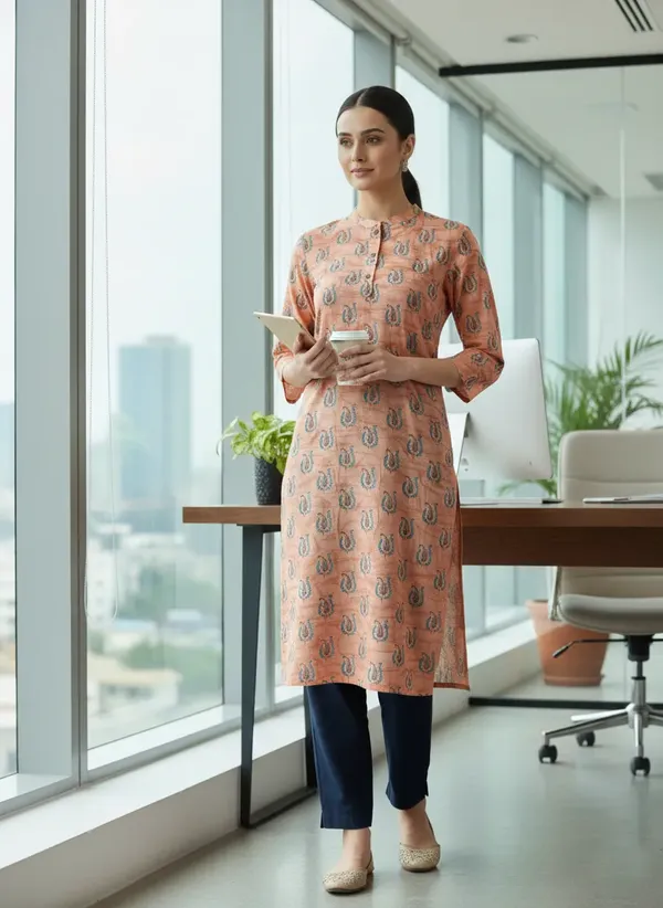 Peach_Cotton_Printed_Straight_3/4_Sleeve_Kurta_For_Women