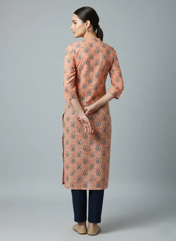 Peach_Cotton_Printed_Straight_3/4_Sleeve_Kurta_For_Women