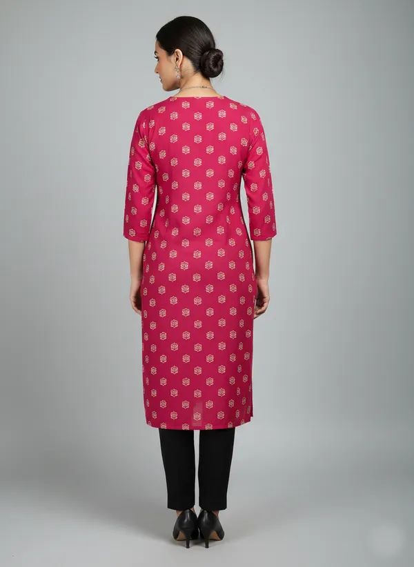 Pink_Viscose_Cotton_Printed_Straight_3/4_Sleeve_Kurta_For_Women