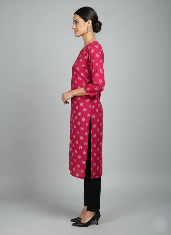 Pink_Viscose_Cotton_Printed_Straight_3/4_Sleeve_Kurta_For_Women