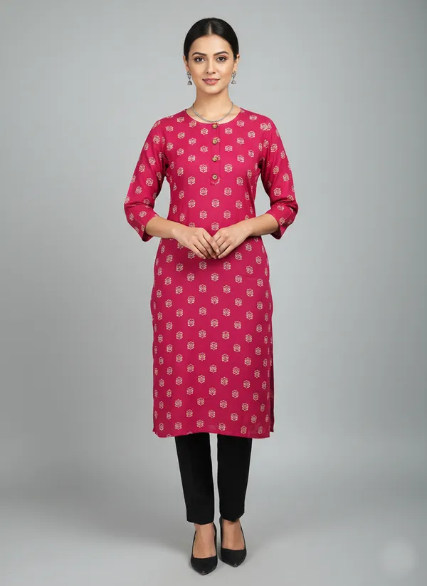 Pink_Viscose_Cotton_Printed_Straight_3/4_Sleeve_Kurta_For_Women