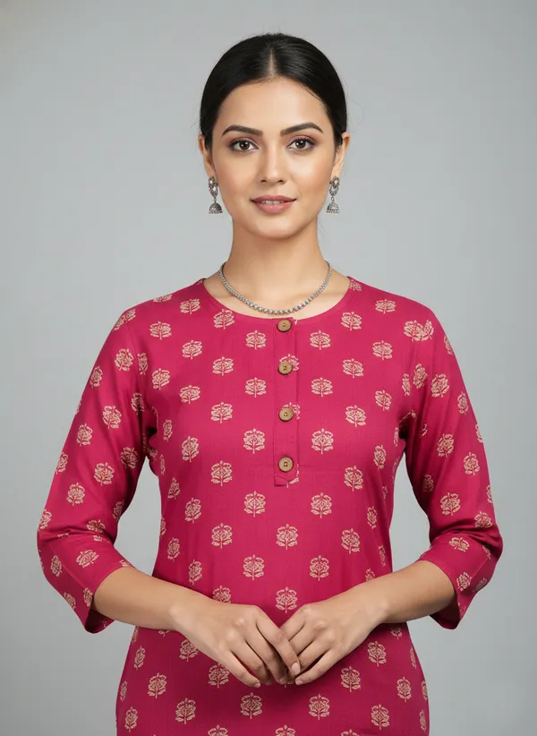 Pink_Viscose_Cotton_Printed_Straight_3/4_Sleeve_Kurta_For_Women