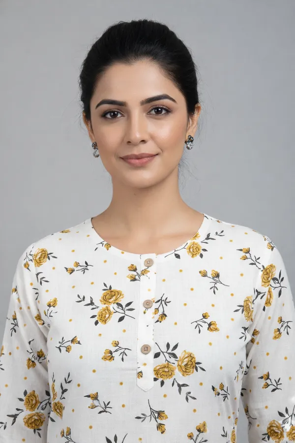 White_Cotton_Printed_Straight_3/4_Sleeve_Kurta_For_Women