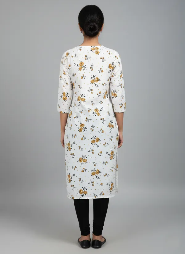 White_Cotton_Printed_Straight_3/4_Sleeve_Kurta_For_Women