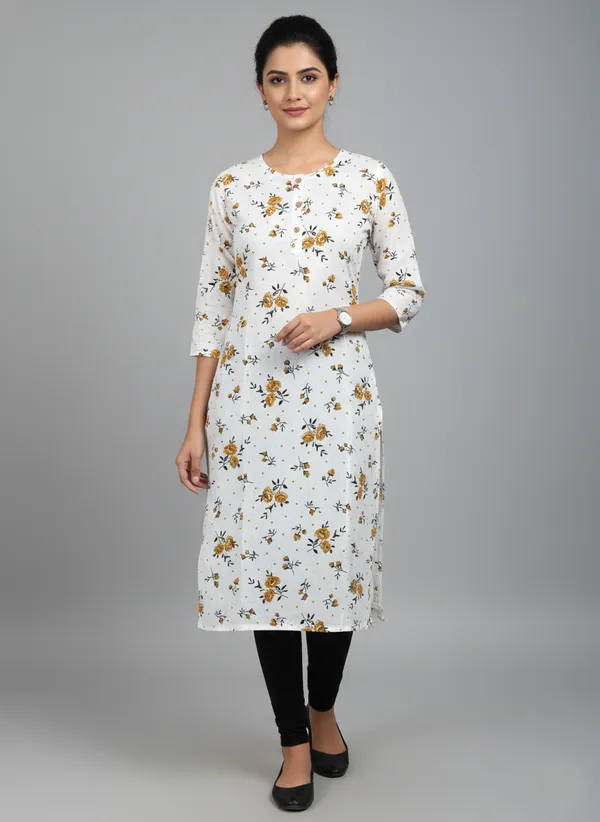 White_Cotton_Printed_Straight_3/4_Sleeve_Kurta_For_Women