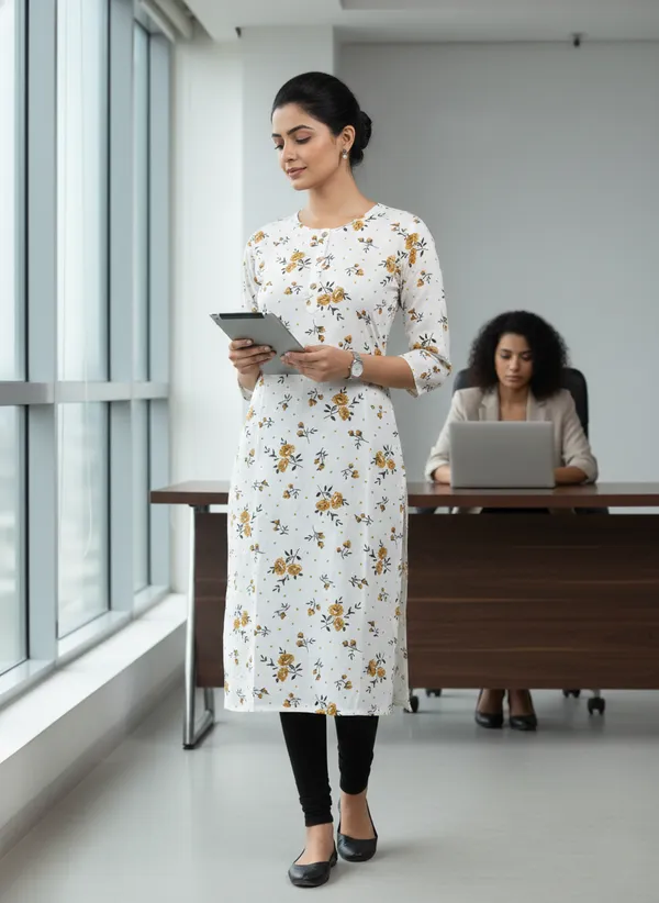 White_Cotton_Printed_Straight_3/4_Sleeve_Kurta_For_Women