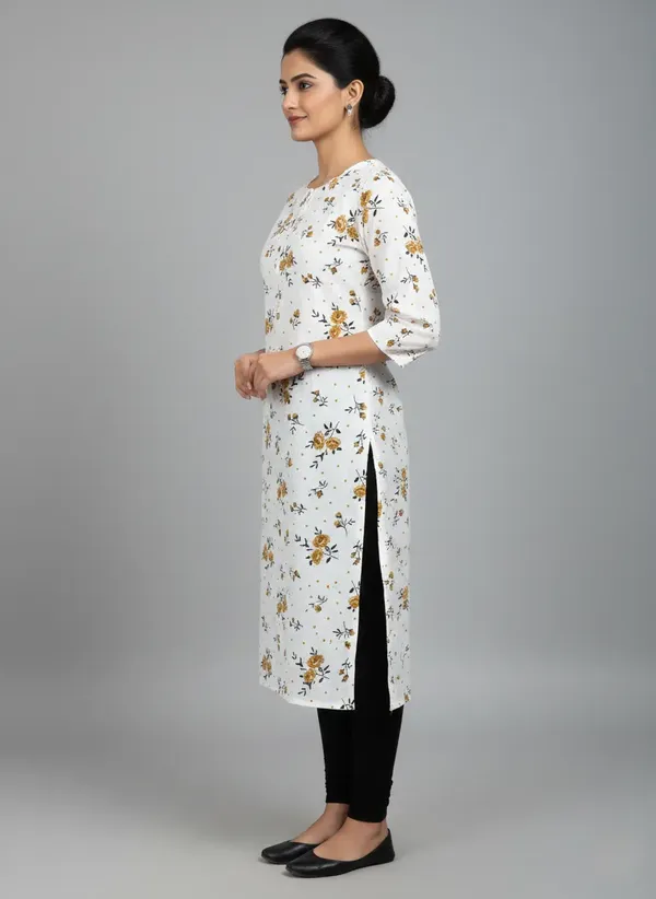 White_Cotton_Printed_Straight_3/4_Sleeve_Kurta_For_Women