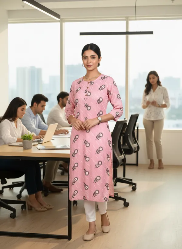 Pink_Viscose_Cotton_Printed_Straight_3/4_Sleeve_Kurta_For_Women