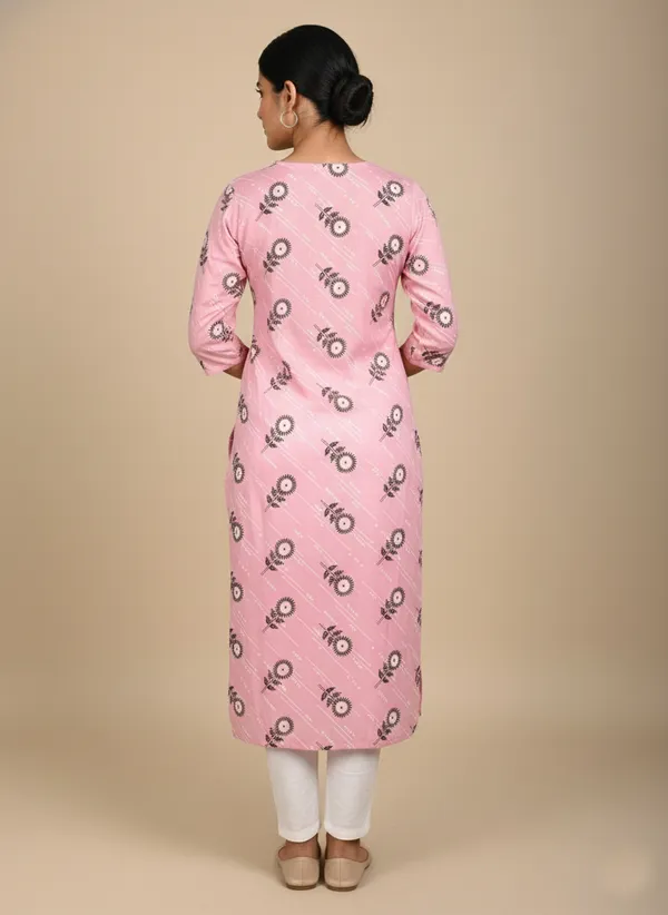 Pink_Viscose_Cotton_Printed_Straight_3/4_Sleeve_Kurta_For_Women